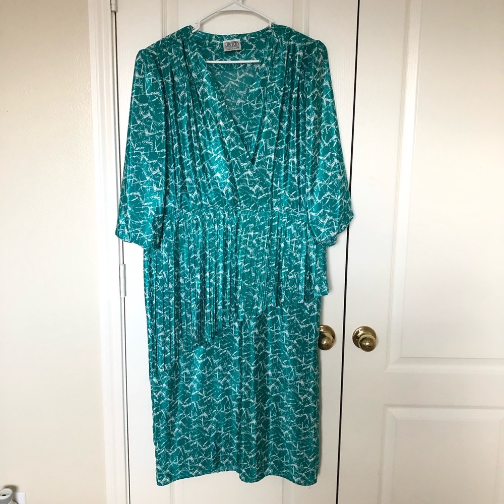 Vintage J.B. Too Teal Blue Green Patterned Midi Dress 18 Plus Size